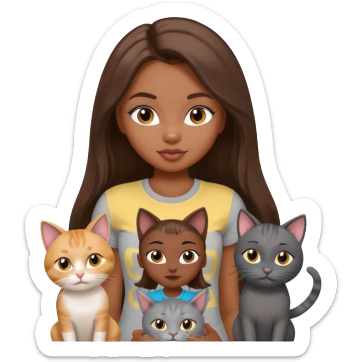 a pretty bratz dusky girl with long brown hair with four cats nd wearing a grey tshirt sticker