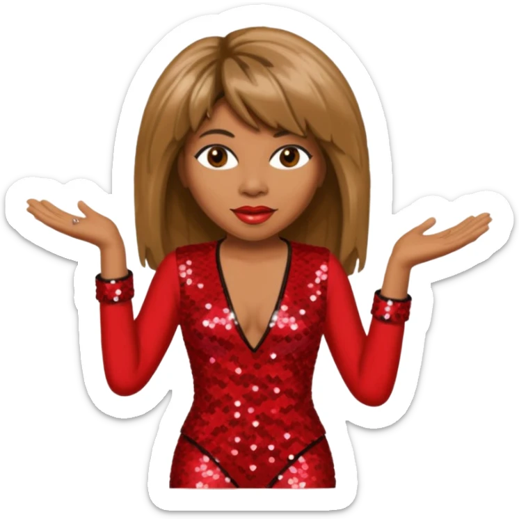 Tina Turner with long brown straight hair, red sequin outfit sticker