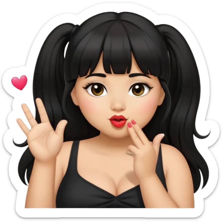 Latina girl with bangs black long hair in pony tail plus size black dress blowing kiss sticker