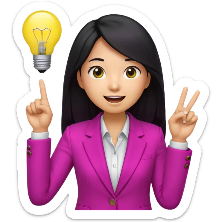 Cute 3D emoji of a Korean woman in a magenta blazer, long black hair and big brown eyes, with a light bulb above her head, excited expression, finger pointing up, solid lemon yellow background. sticker