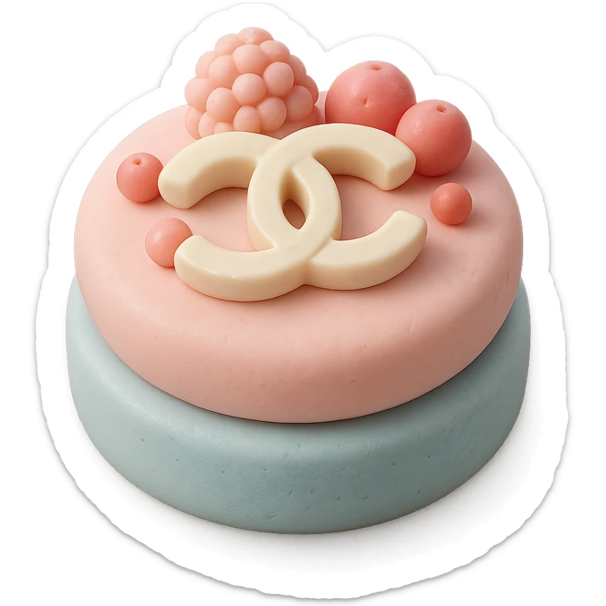 pastel Chanel tartlet, topped with a white chocolate logo and berries sticker