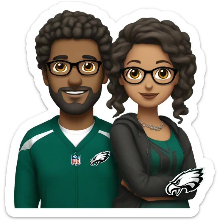 Brown guy with beard mustache and brown girl with glasses and her hair in a bun in Philadelphia eagles clothes holding hands sticker
