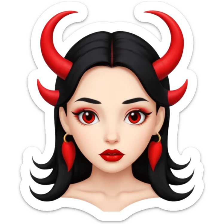 A girl's face with cheekbones, skin red, long black hair, small red horns, big lips sticker