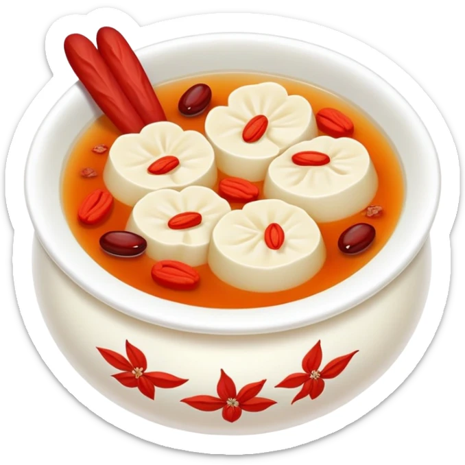 Sweet white fungus soup with red dates and goji berries, simplified emoji style with bold outlines and bright colors, cartoon style Yin Er Tang dessert sticker