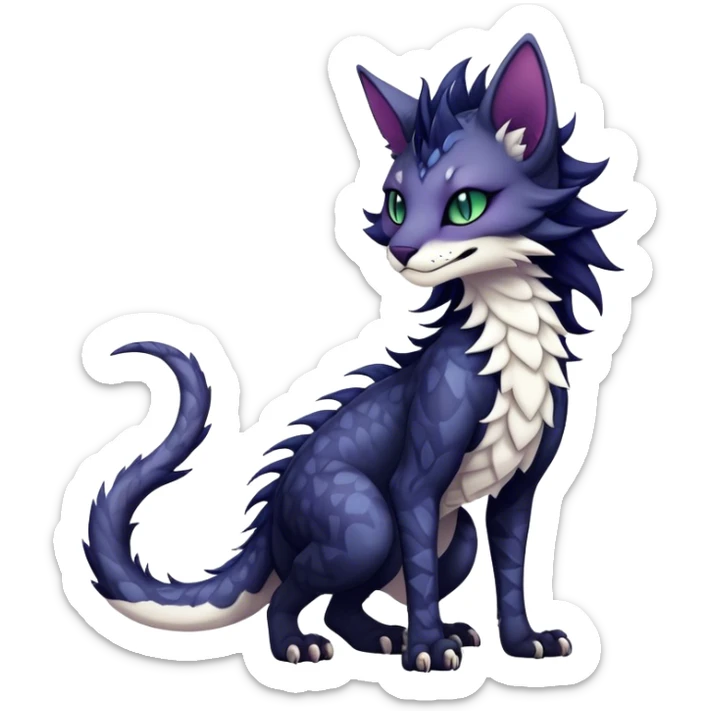 Kawaii dark edgy fantasy feline-vernid-sergal-fursona animal creature with a tufted tail full body with intricate markings  sticker