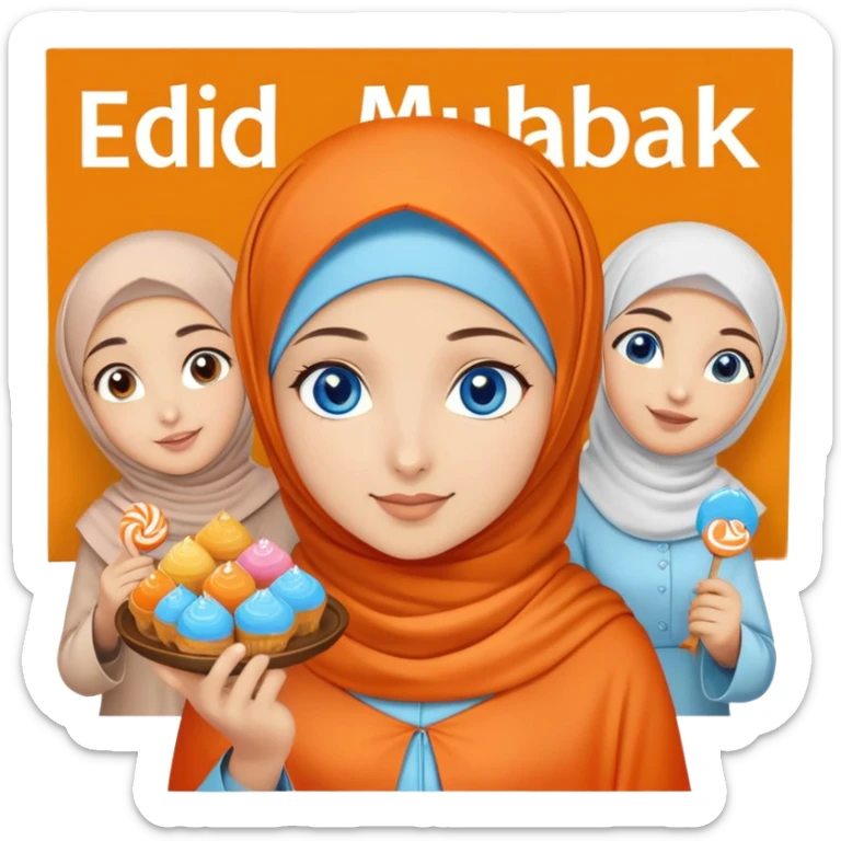Turkish beautiful finish Konya girl blue eyes with orange hijab islamic dress and had on her hand text Eid Mubarak with sweets and celebrating with her friends eid days   sticker