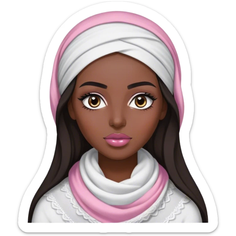A woman with long, dark hair wears a traditional white keffiyeh, her makeup is well done, with defined eyebrows and soft pink lips  sticker