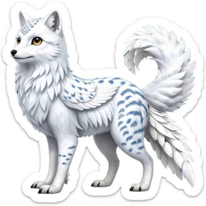 Realistic wild natural elegant pretty beautiful handsome shiny colorful furry 4-legged digitigrade beaky beaked arctic-fox-snowy-owl-snow-leopard-gryphon-griffin-albino-lion-fusion-hybrid-fursona-furry-animal-creature, full body, hyper-realism, long tufted tail sticker