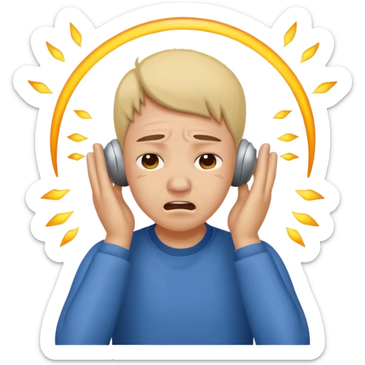 person covering ears, wincing in pain because the sound is terribly loud and hurting ears sticker