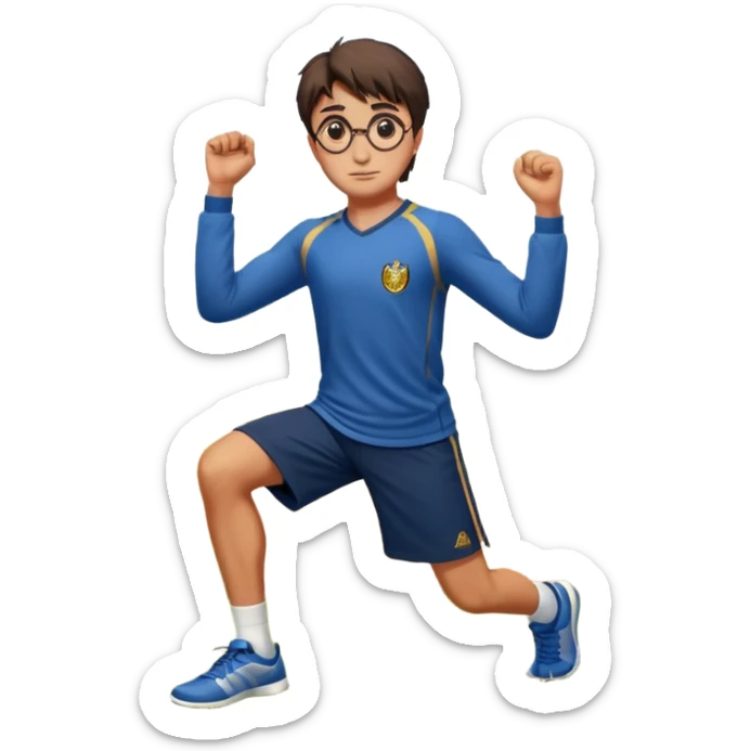 Harry Potter is in sports clothes doing morning exercises, he is in the field before his magic school sticker