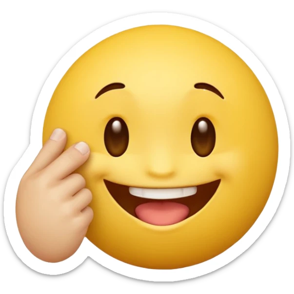 Quiero un personaje de una bolita de emoji amarilla con cara sonriente mordiéndose un dedo sticker