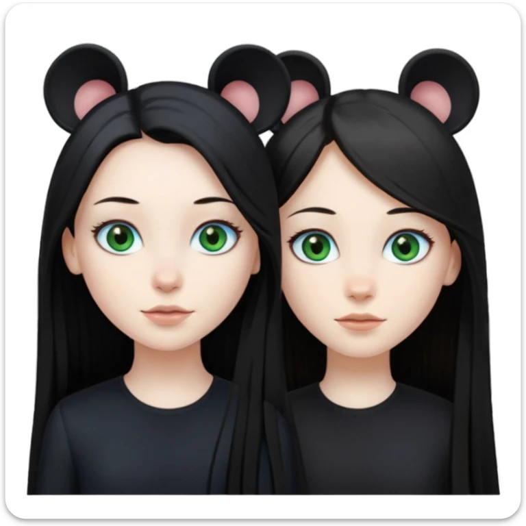 Two girls one with long black hair, blue eyes very pale skin wearing black clothes the other one with long mousey brown hair, green eyes and pale skin sticker