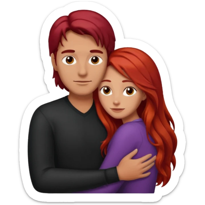 Tall man with dark hair hugging shorter woman with long red hair  sticker