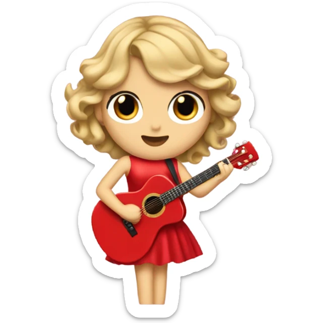 Taylor swift in a red dress and a red guitar hole with a microphone stand in front of her sticker