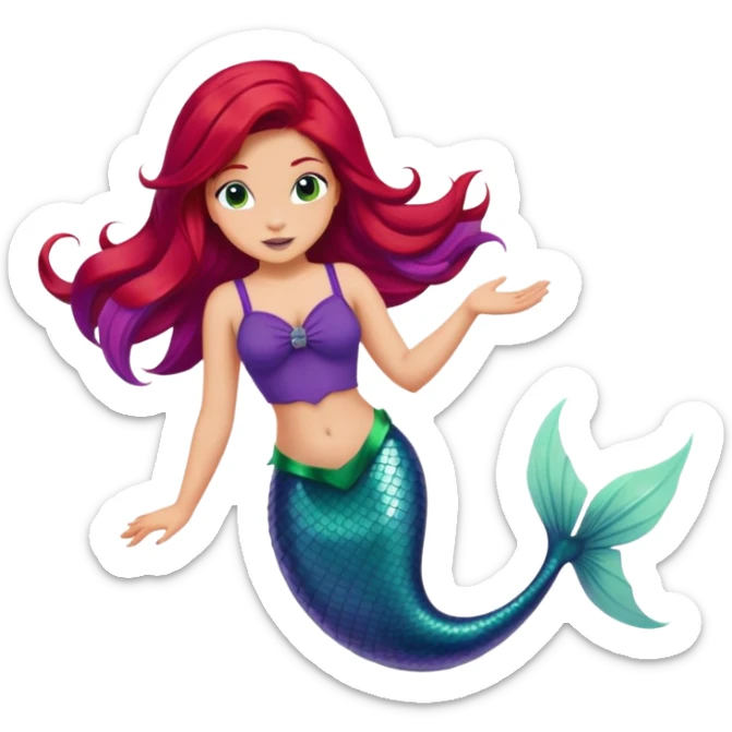 Disney Ariel mermaid with red hair swimming, green fish tail, purple top sticker