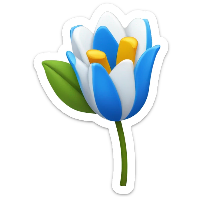 La imagen muestra una flor azul y blanca con estambres amarillos en el centro sobre un fondo blanco. sticker