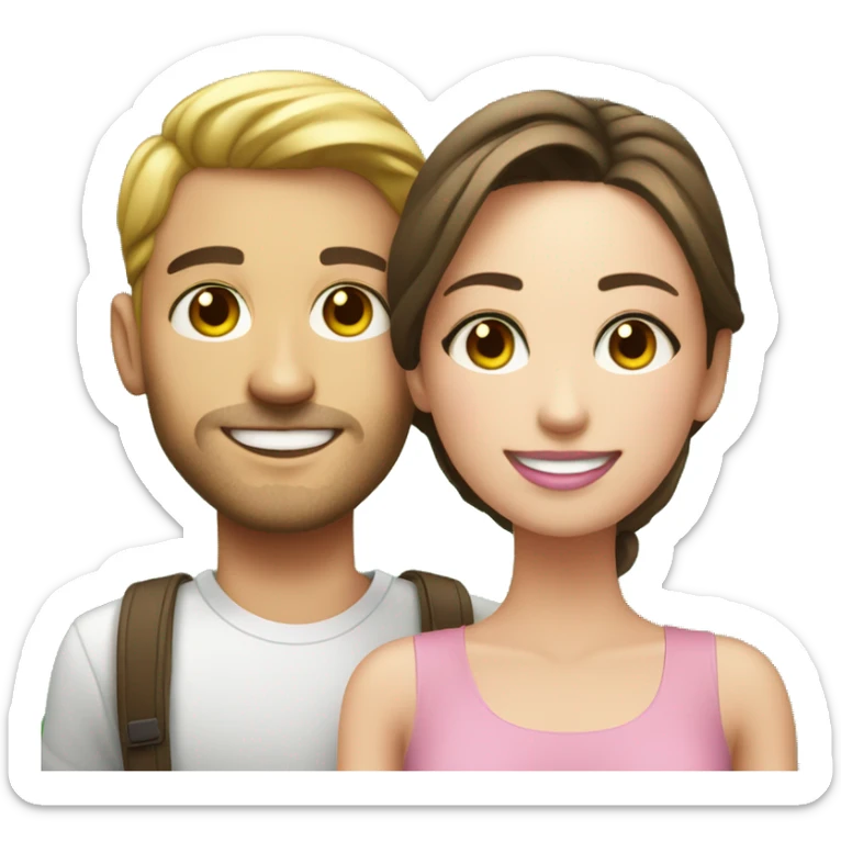 smiling couple indoors realistic make the guy tan with dark brown eyes and girl with hazel green eyes and pale skin and pink lips sticker