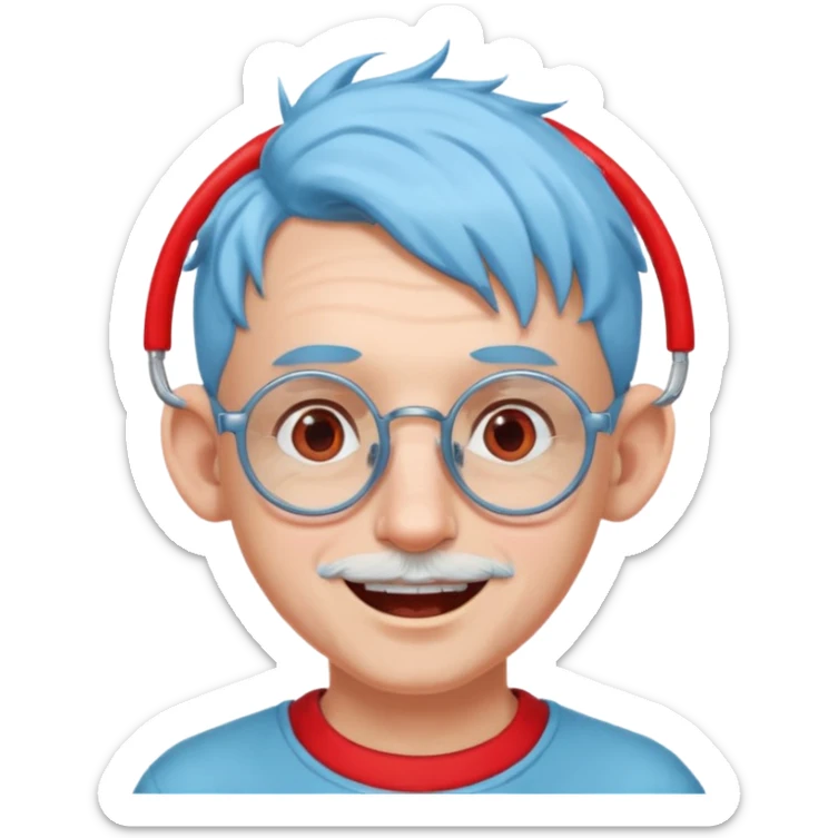 light blue haired man mid length hair with big ears and red earrings and spectacles happy sticker