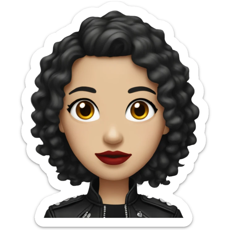White girl, with long curly black hair, with red lipstick, black winged eyeliner, wearing black shirt and black leather jacket sticker