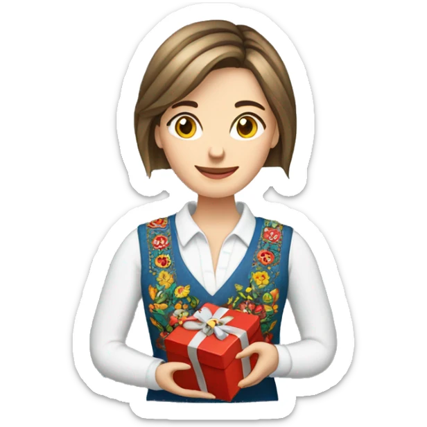 A female teacher in Ukrainian embroidery holds a gift in her hand sticker