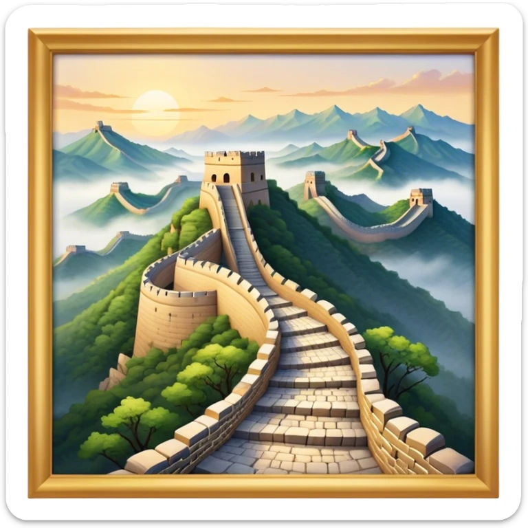 Cinematic Realistic Great Wall of China Landmark Emoji, depicted with ancient stone pathways winding over rugged mountains, watchtowers punctuating the misty landscape, and soft golden sunlight casting dramatic shadows. sticker