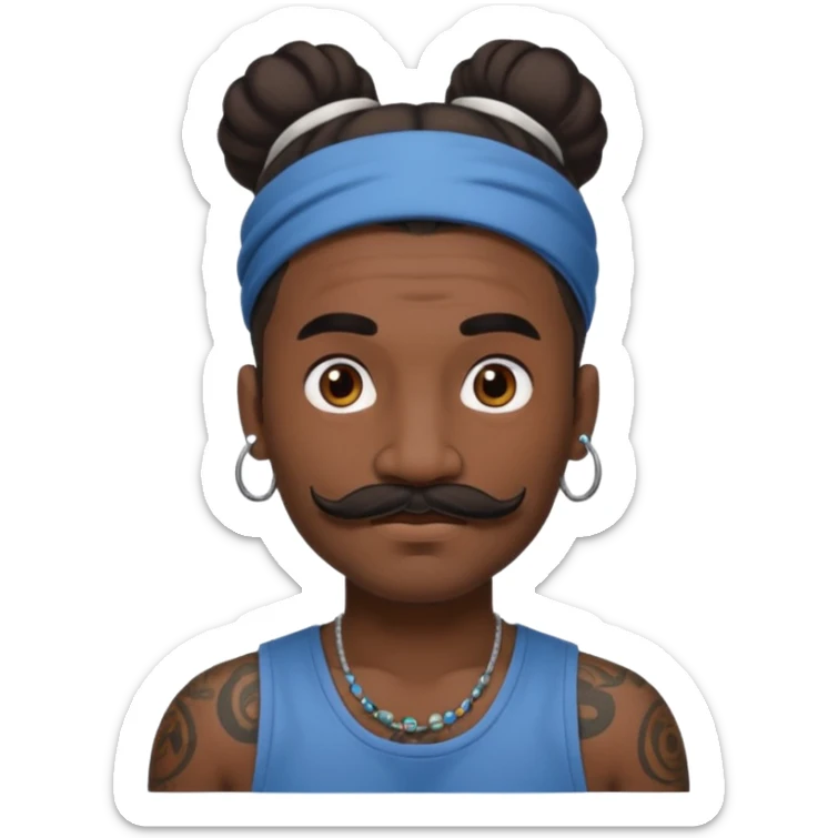 single big bun hair man and mustache and face tattoos very heavy and headband sticker