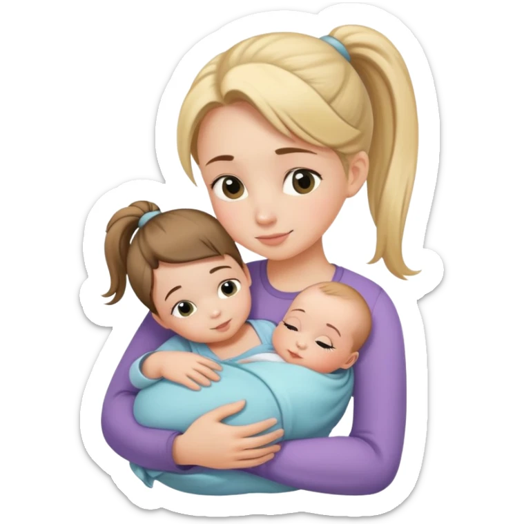 Girl with ponytail gently hugging a newborn baby and a young girl, family moment sticker