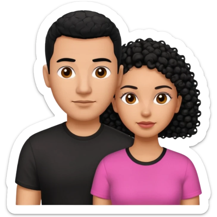 A picture if a couple, the man is a Mexican man with  black hair, a buzz cut and black shirt on.the woman is mixed with black and white, with curly hair and a pink shirt on sticker