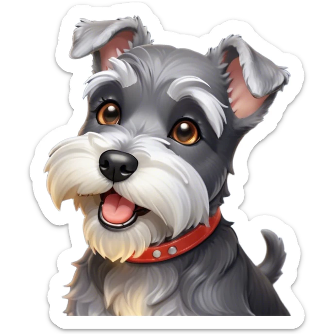 Cinematic Cute Yawning Miniature Schnauzer Portrait Emoji, Head cocked with a wide, adorable yawn and droopy, charming eyes, featuring a neatly trimmed, lovable salt-and-pepper fur, simplified yet irresistibly cute, highly detailed, glowing with a warm, relaxed radiance, high shine, exuding a sleepy yet spirited charm, styled with a soft, cozy glowing outline, capturing the essence of a Miniature Schnauzer mid-yawn, radiating pure, drowsy cuteness! sticker