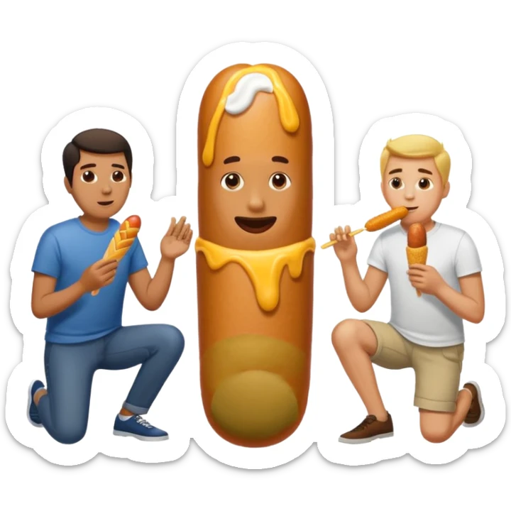 one man on his knees. another man standing up. the man on his knees is eating a corndog next to the others mans leg sticker