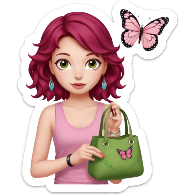 a pretty fair bratz girl with wavy dark red hair, wearing a pink tank top , carrying a matcha and a pink bag. eyeliner on. butterfly tattoo on arm sticker