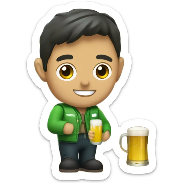 una persona con un chaleco verde y el logo de LA ONCE bebiendo una cerveza sticker