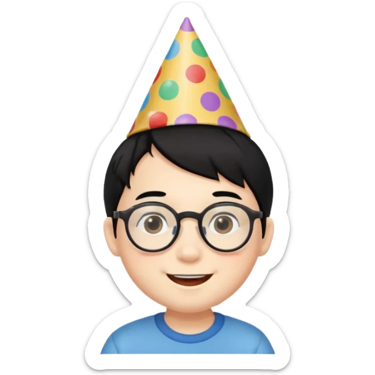 a little boy with black hair with birthday hat, wearing glasses 















 sticker