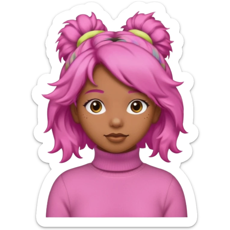 brown fluffy haired girl with pink turtleneck sweater and pink hair band sticker