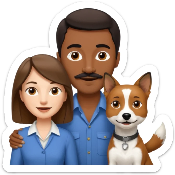 Quiero a una mujer blanca  con el pelo por el hombro lacio castaño  con un hombre de color morochito con el pelo negro y bigote, ambos felices  y un solo perro blanco Fox terrier  sticker