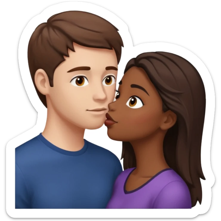 White guy with brown hair and brown eyes kissing a black brown skin girl with brown hair and dark brown eyes sticker
