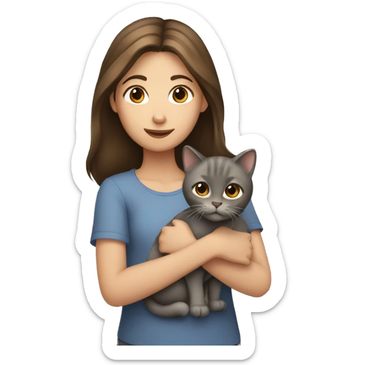 A girl with a brown hair holding a gray cat sticker