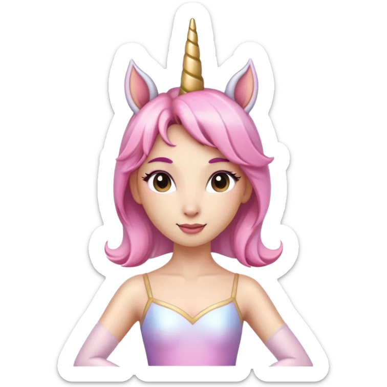 head and shoulders of an anthropomorphised female unicorn ballerina, straight on view, relaxed pose, clearly a unicorn, apple emoji style sticker
