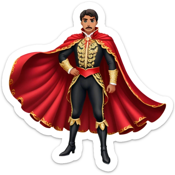 Spanish Matador – Cinematic Realistic Spanish Matador, portrayed in an ornate traje de luces with a flowing red cape, standing poised in a classic bullring with swirling dust and dramatic light, his intense expression and elegant stance capturing both bravery and artistry. sticker