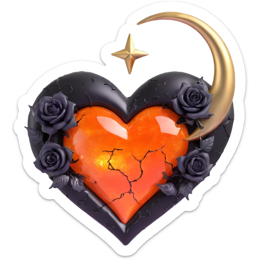 gothic heart made of molten gold glass, silver crescent moon, black roses, holographic stardust, neon orange lightning, wet and cracked glass sticker