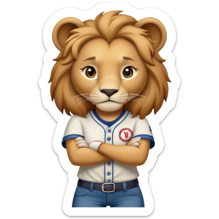 determined anthropomorphised female lion in a baseball shirt and jeans with arms folded, confident stance sticker