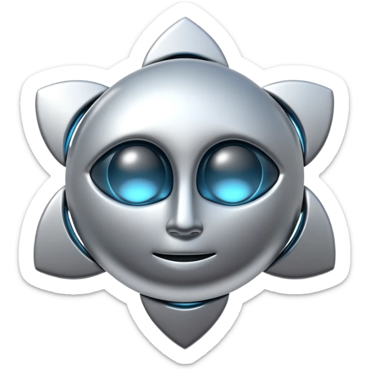 abstract amulet emoji, liquid metal form, symmetrical design, mystical futuristic 3D icon, isolated on white sticker