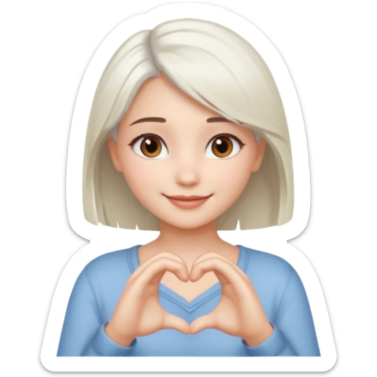 Beautiful girl. Platinum-colored hair just below the shoulders, straight, brown eyes, sweet smile. Hands in the shape of a heart. sticker