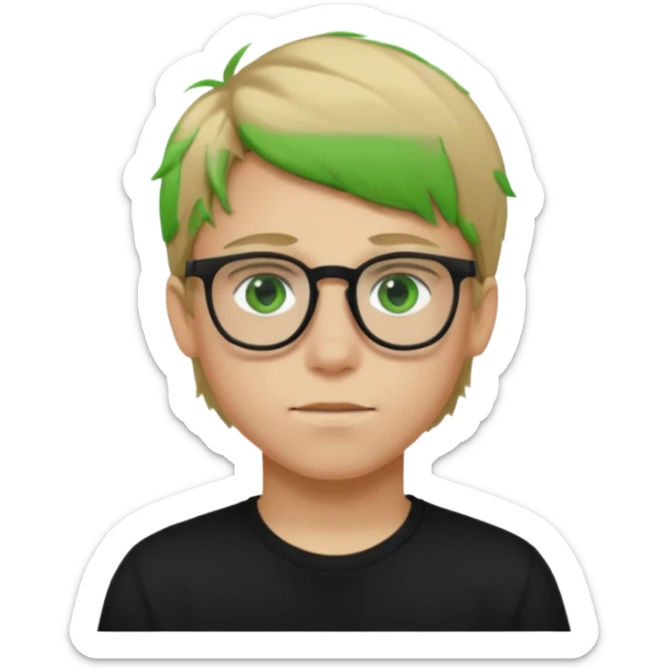 Generate me a profile picture like with a teenage boy who has dirty blond hair, green eyes, glasses and a black t-shirt sticker