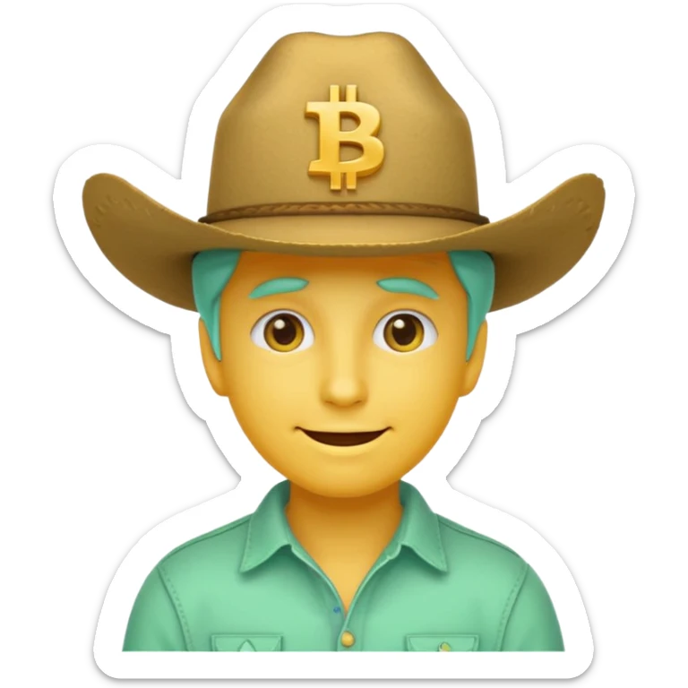 yellow unisex face emoji, mint green cowboy hat with '100x', Bitcoin symbol eyes, cheerful expression sticker