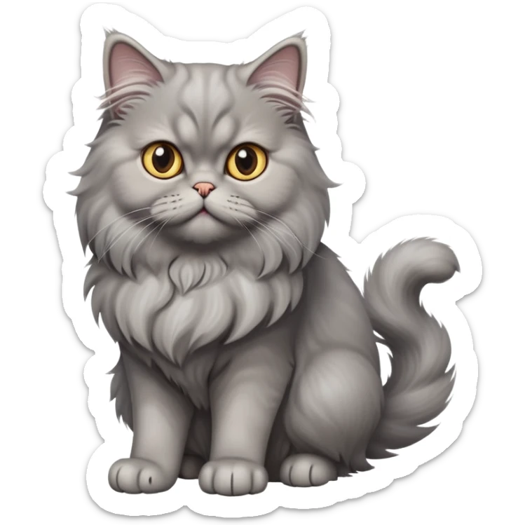 cinematic-[grey persian cat]-realistic-full-body-sitting-emoji,-tail-curled-playfully-around-its-paws,-head-tilted-dramatically,-fluffy-[grey cat]-fur,-simplified-yet-realistic-focused-features,-highly-detailed,-glowing-with-an-almost-sarcastic-glow sticker