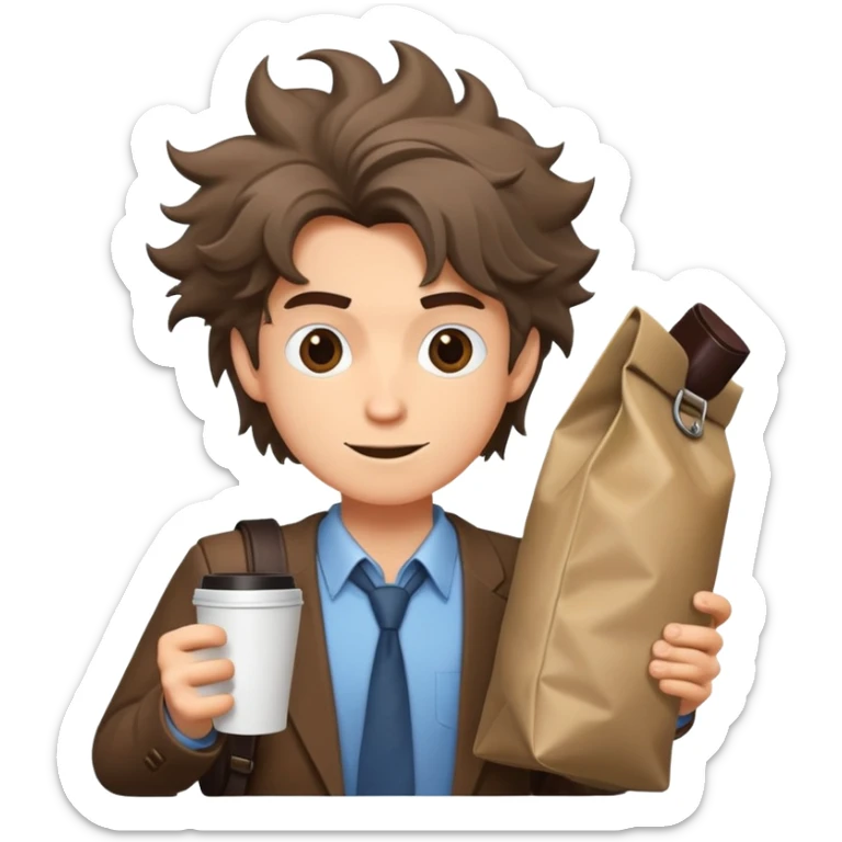 cartoon character dashing with coffee and bag, disheveled hair, cityscape background sticker