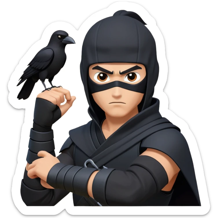 clash-of-clans-aesthetic_-cinematic-mysterious-male-ninja-portrait-emoji, rendered in a flat, vector-style with minimal shading and bold, simplified shapes, with a head slightly turned revealing intense, focused eyes. the ninja has his arm out and perched on top of his forarm is  a  giant black crow sticker