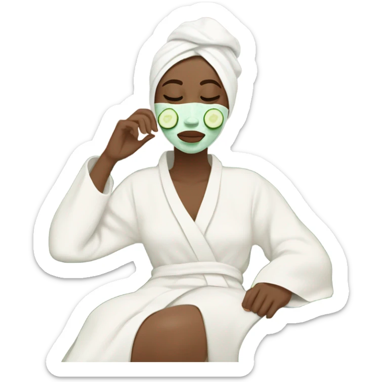 White girl with Brown hair and blue eyes wears a Green colored skincare clay textured mask and puts on cucumbers around her eyes while She relaxes in her white Robe sticker