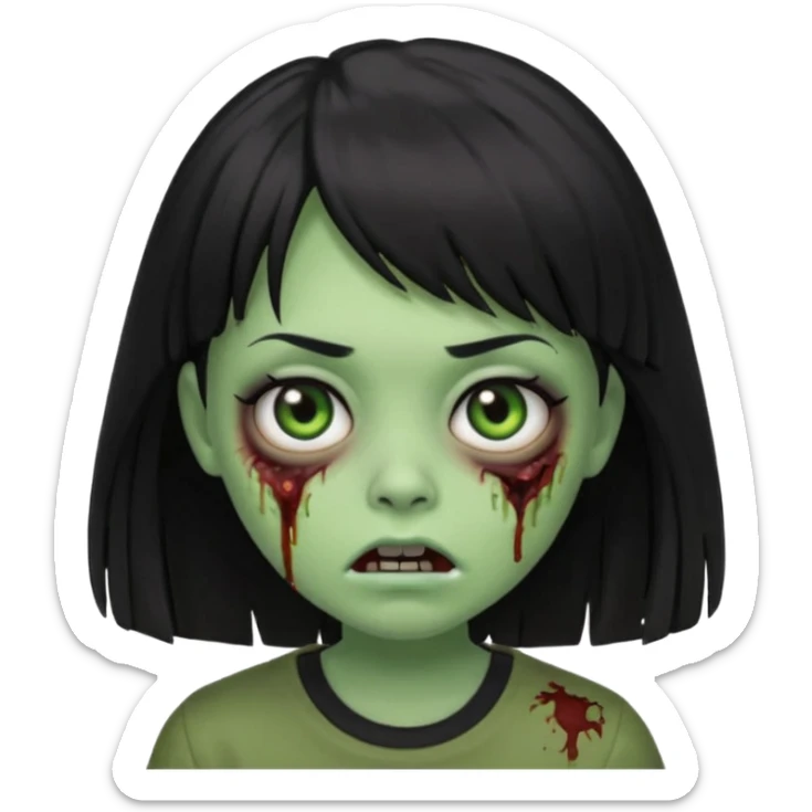 A zombie girl in Apple Memoji format with the longest, straight black hair with bangs, wearing a black shirt. sticker